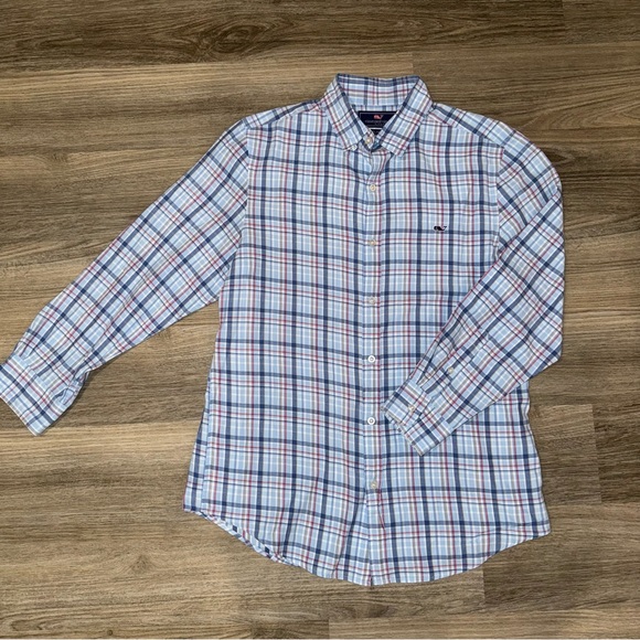 Vineyard Vines Men’s 100% Cotton Slim Fit Whale Shirt Size M Blue Plaid Button - Picture 1 of 3